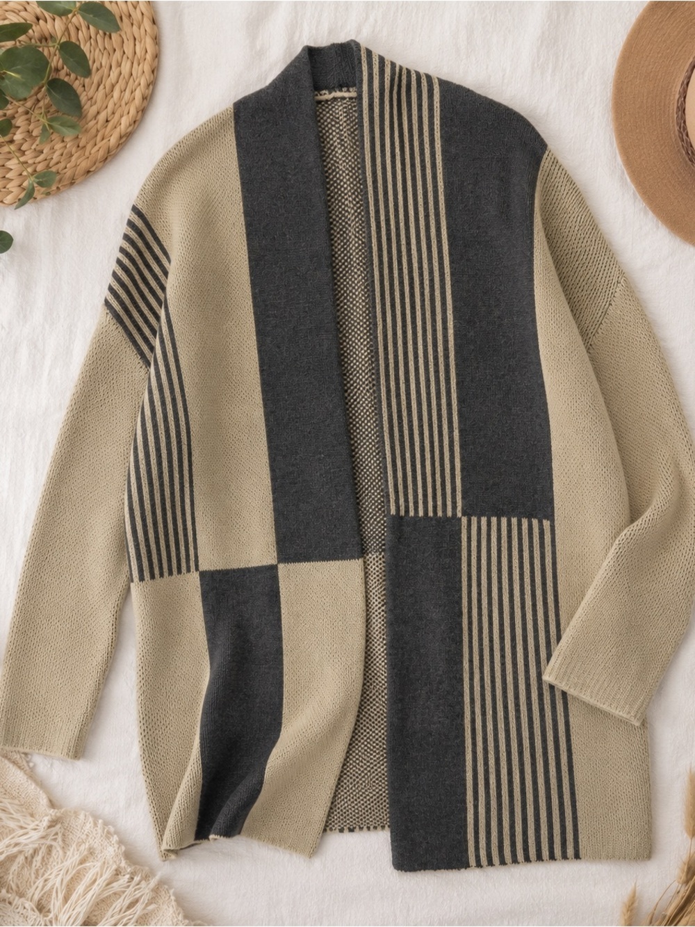 JODIFL Gray and Cream Striped Knit Cardigan